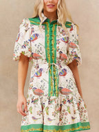 Leontine Boho Bird Print Mini Dress Bell Sleeves Belt White front view model