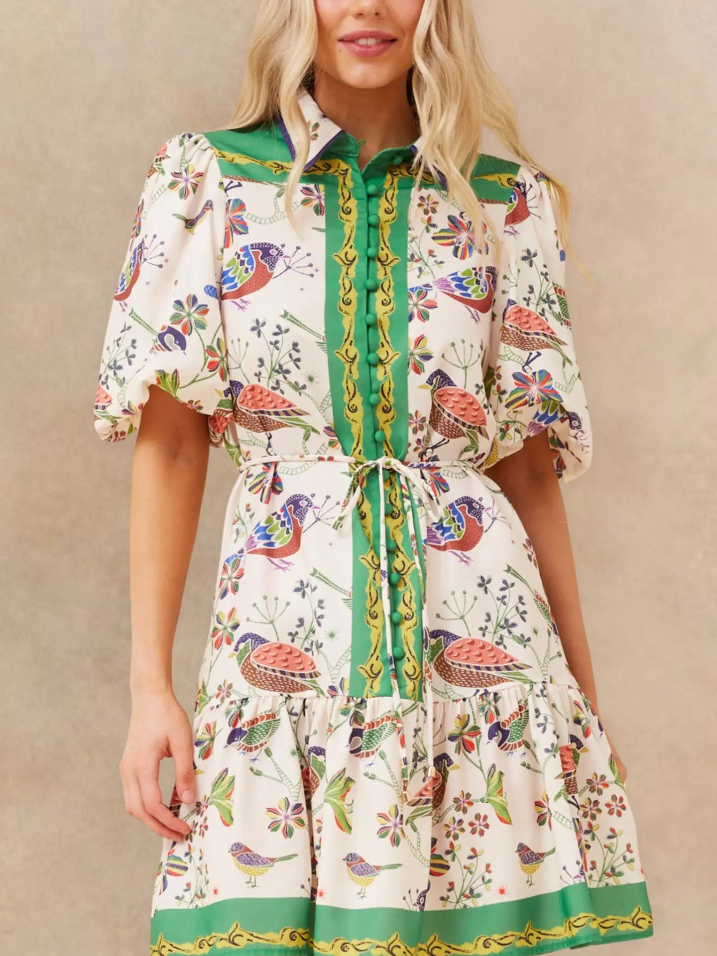 Leontine Boho Bird Print Mini Dress Bell Sleeves Belt White front view model