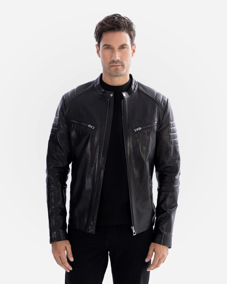 Man wearing a black leather jacket on a white background Cuir Dimitri