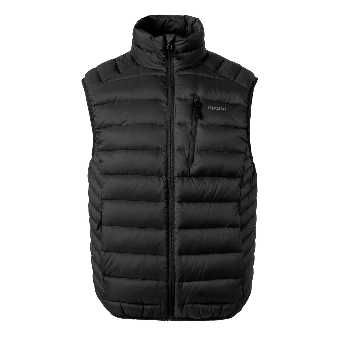 Black puffer vest with a brand logo on a white background Aparso