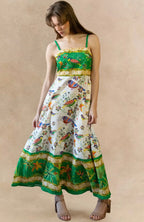 ANNICK Julie Bird Print Green Strap Midi Dress White front view model skinny size