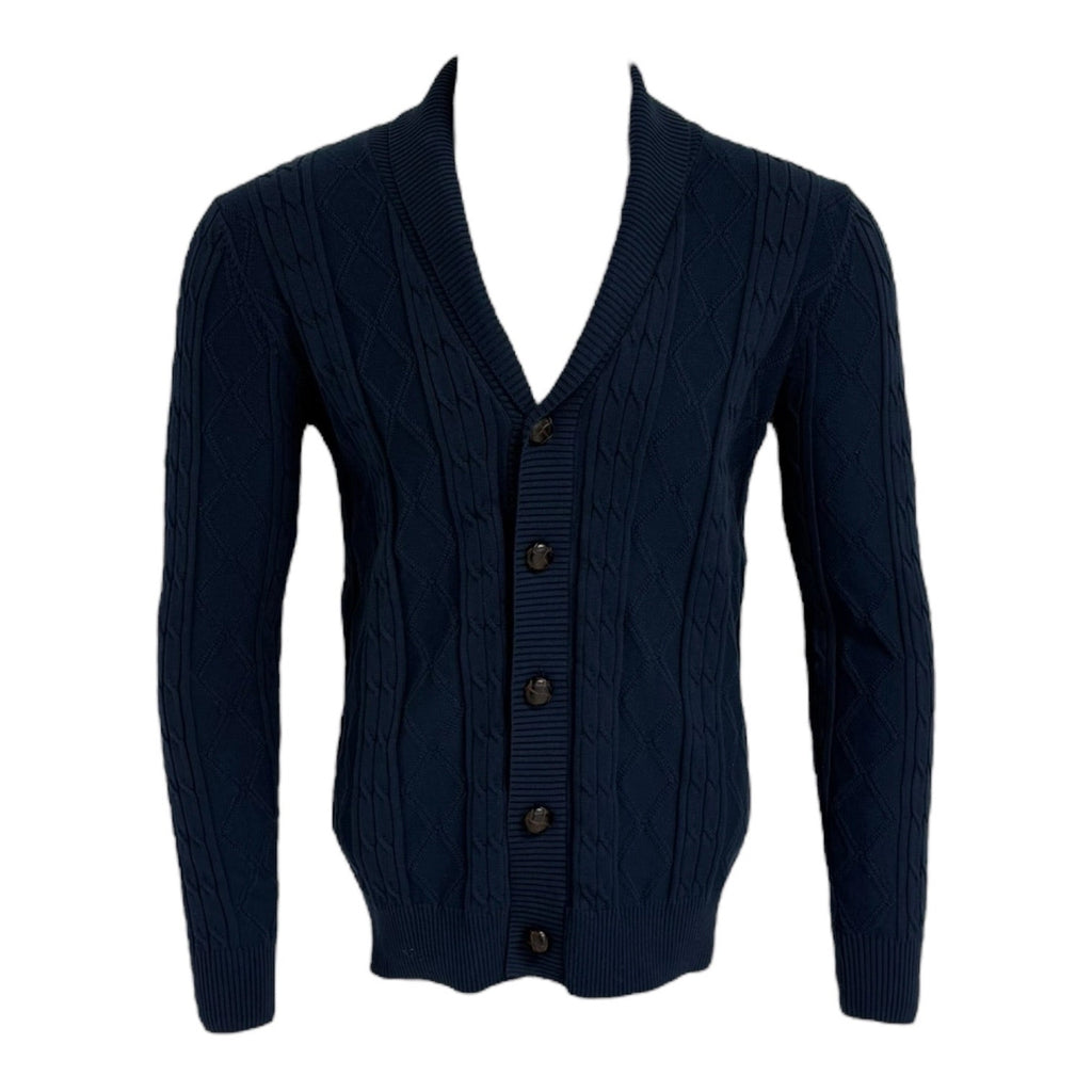 Navy blue cable knit cardigan on a mannequin with a white background Maison Leneveu