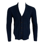 Navy blue cable knit cardigan on a mannequin with a white background Maison Leneveu