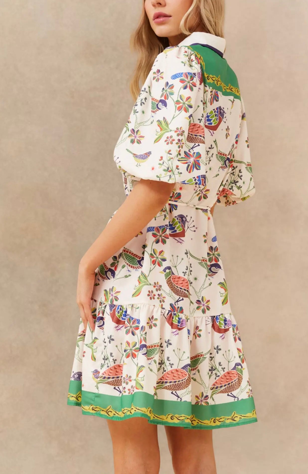 ANNICK Leontine Boho Bird Print Mini Dress Bell Sleeves Belt White side view model
