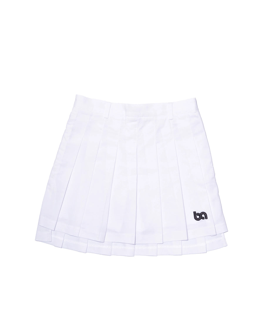 Front view of white BOV Active BA pleated skirt 