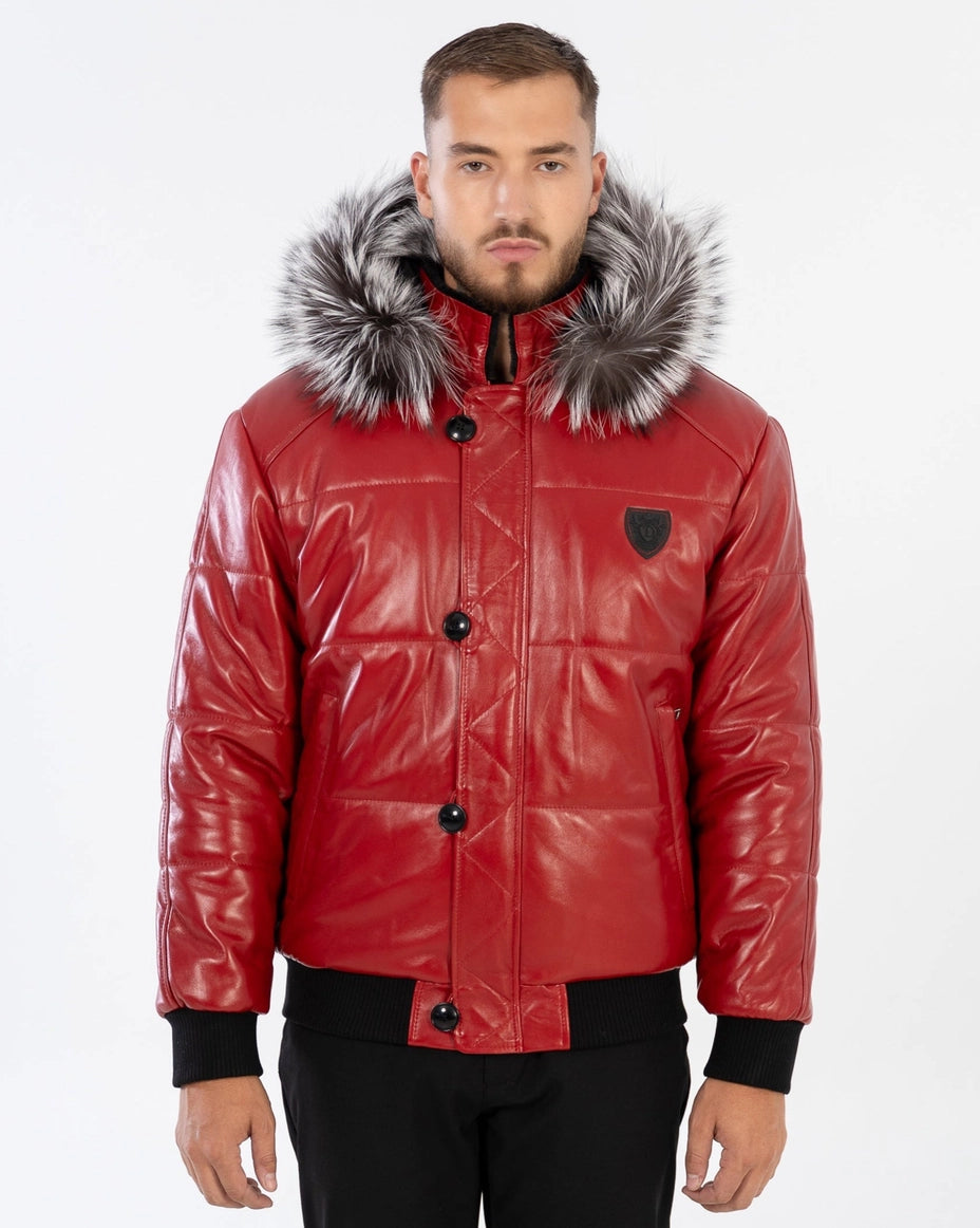 Man wearing a red jacket with a fur-lined hood on a white background Cuir Dimitri