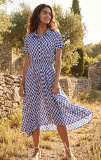 Print Smocked Waist Shirt Dress ANNICK Navy Blue