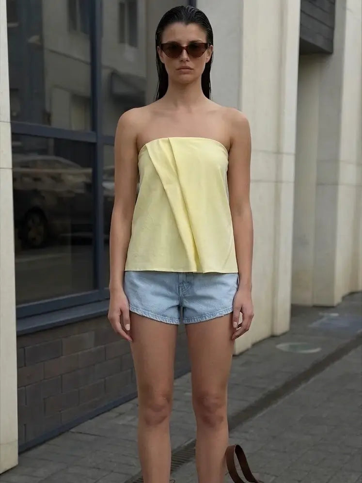 Yellow linen folded strapless bandeau top with asymmetric front pleats and curved hemline - ANAZ Linen Folded Strapless Bandeau Top Yellow