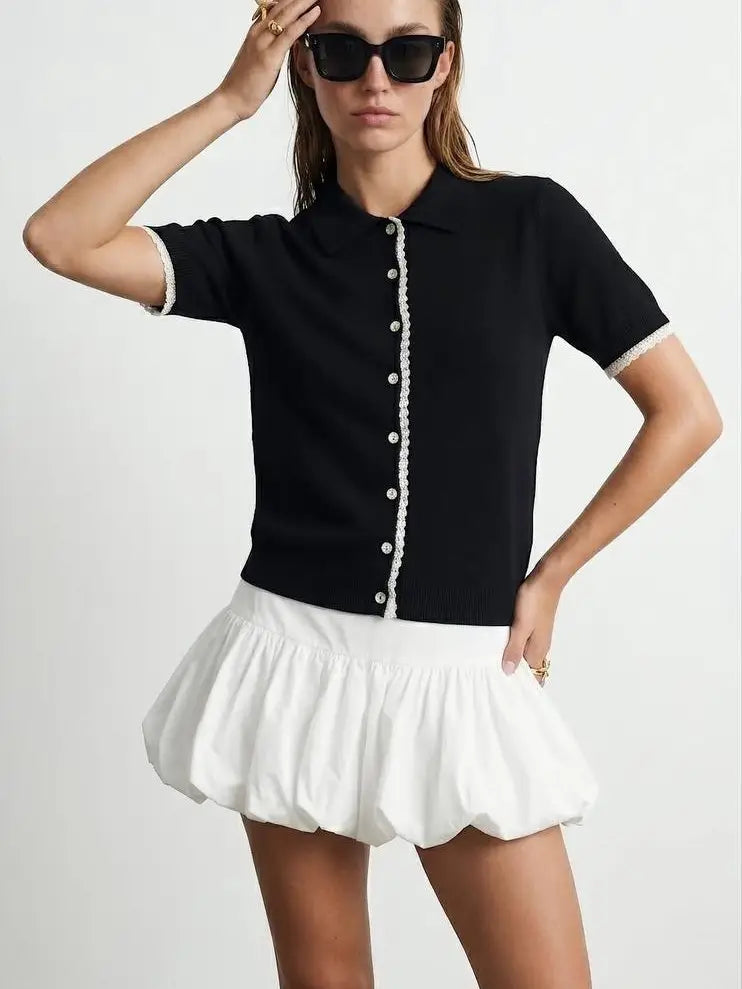 Black crochet trim knit polo cardigan with white lace trim and button placket front view - ANAZ Crochet-Trim Knit Polo Cardigan Black