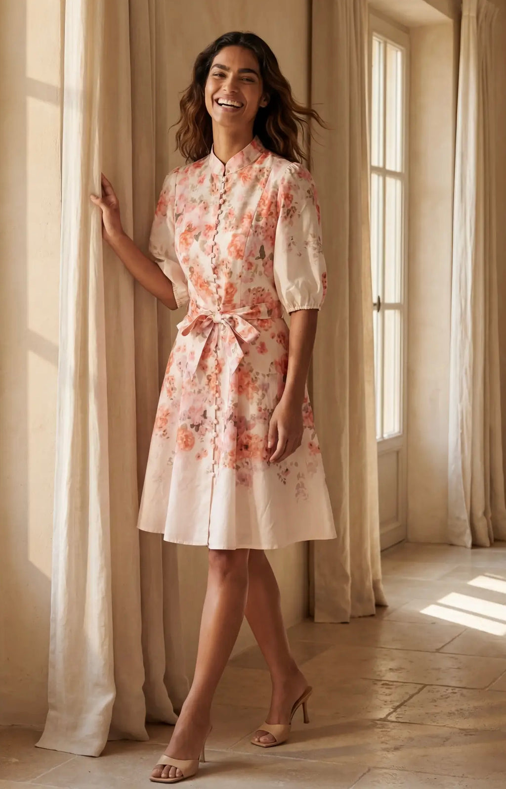 ANNICK Sonia Off-White Floral Print Dress Bell Sleeves Self-Tie Belt