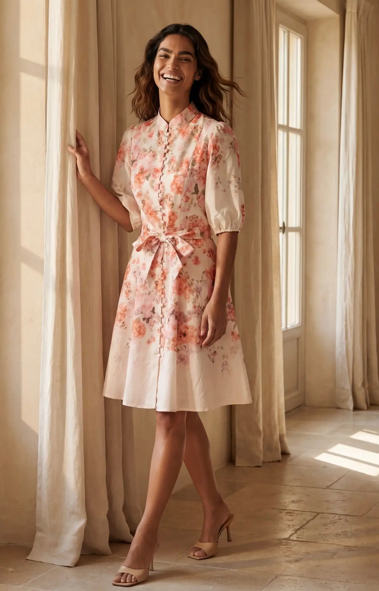 ANNICK Sonia Off-White Floral Print Dress Bell Sleeves Self-Tie Belt