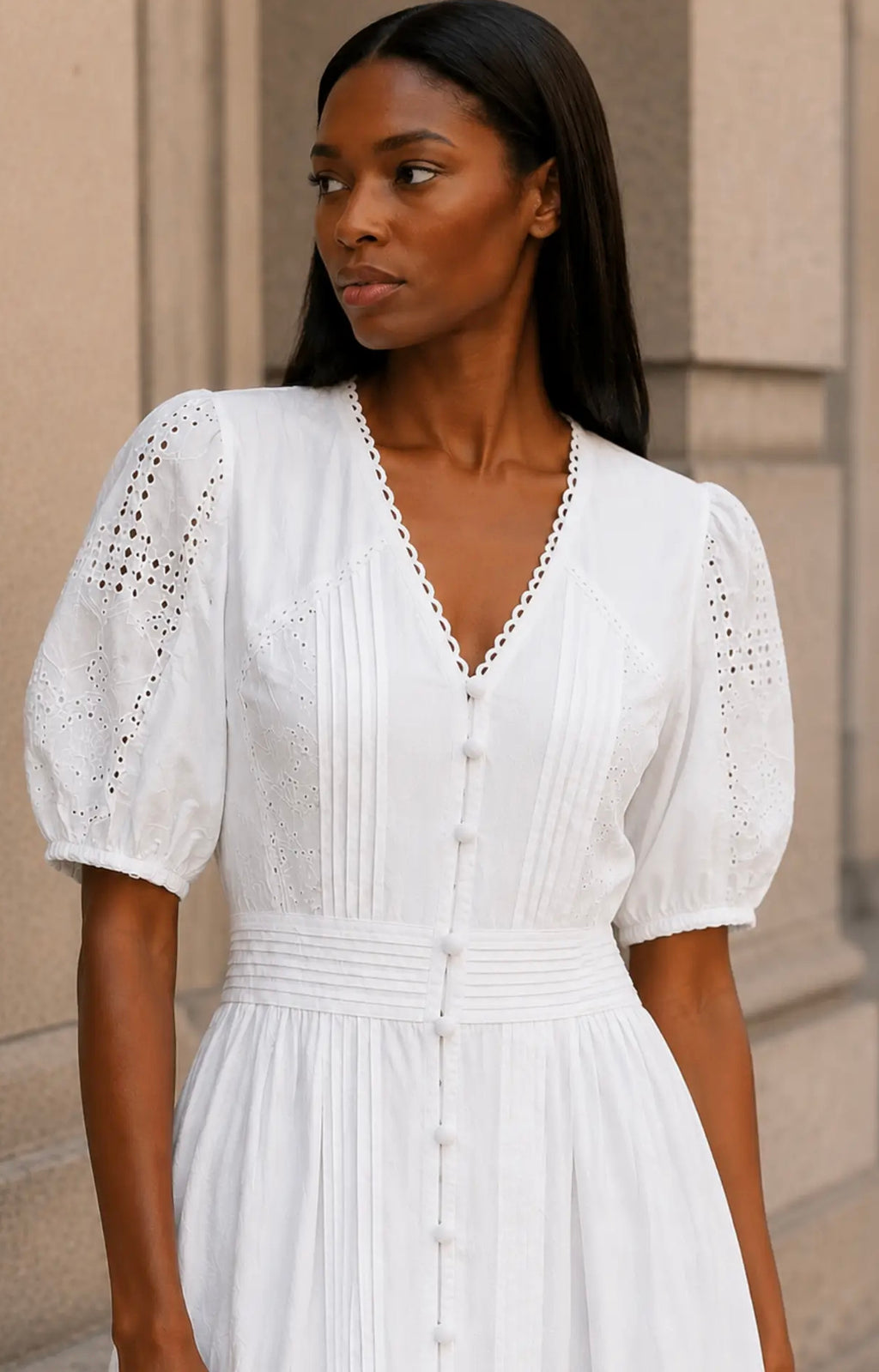 V-Neckline Eyelet Puff Sleeve Detail ANNICK White Midi Dress