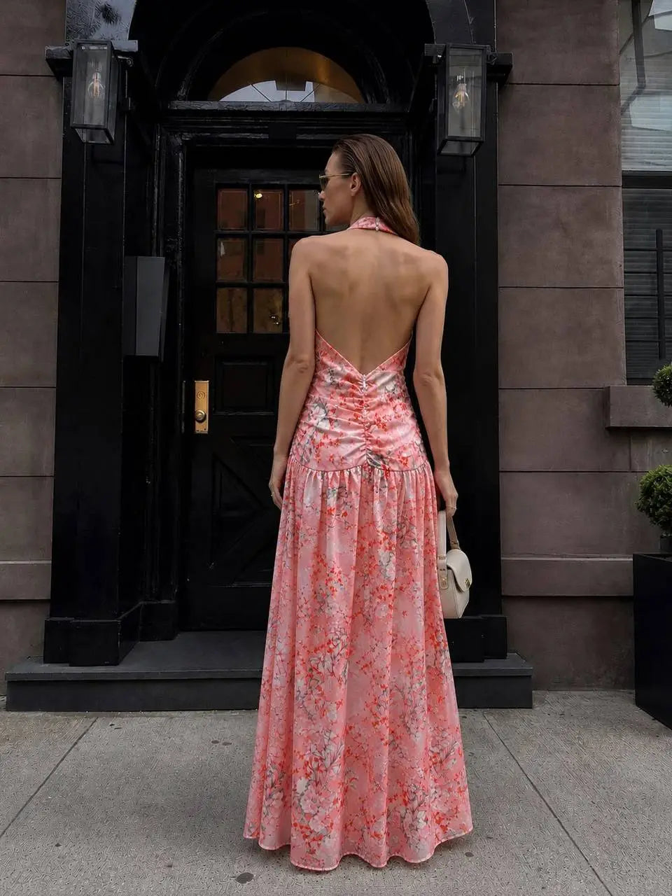 Pink floral halter maxi dress open back with ruched midsection and floor-length skirt back view - ANAZ Floral Halter Maxi Dress Pink