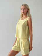 Yellow sleeveless crop top and pleated shorts matching set front view - ANAZ Sleeveless Summer Set Pleats Yellow
