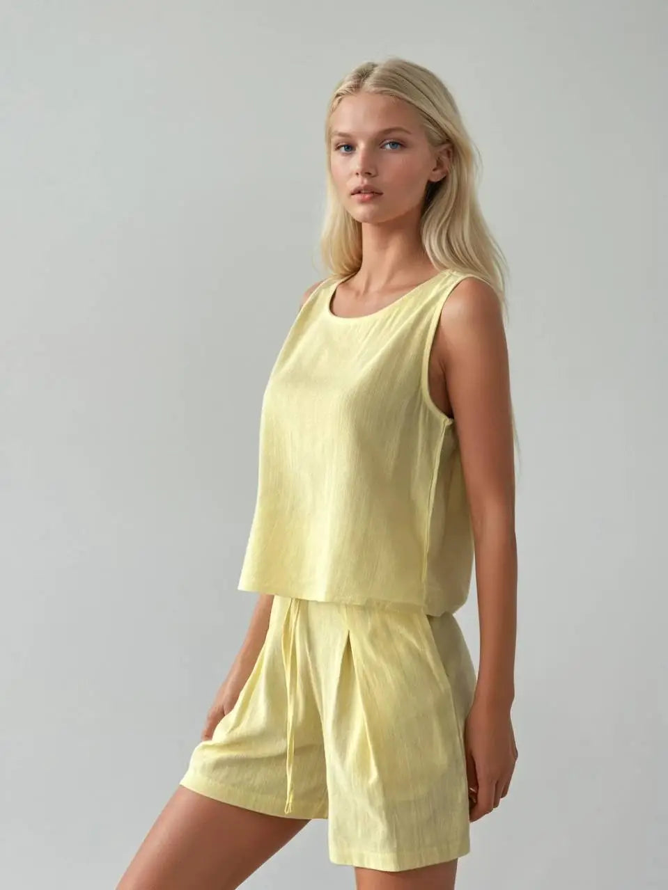 Yellow sleeveless crop top and pleated shorts matching set front view - ANAZ Sleeveless Summer Set Pleats Yellow