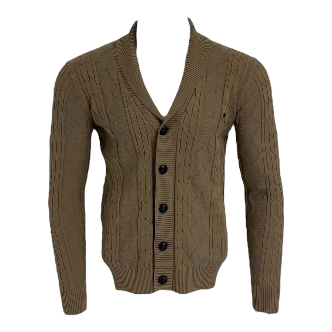 Brown cable knit cardigan on a mannequin with a white background Maison Leneveu