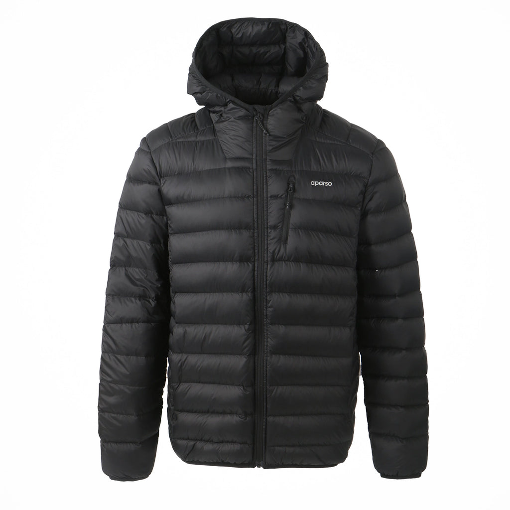 Black puffer jacket with a brand logo on a white background Aparso