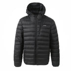 Black puffer jacket with a brand logo on a white background Aparso