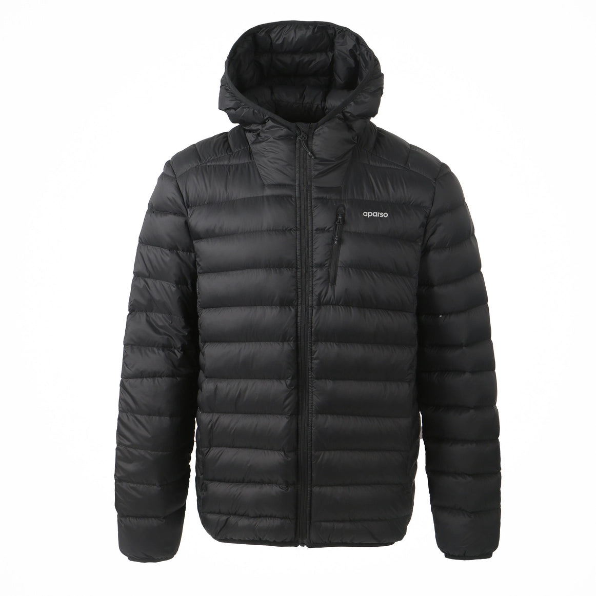 Black puffer jacket with a brand logo on a white background Aparso