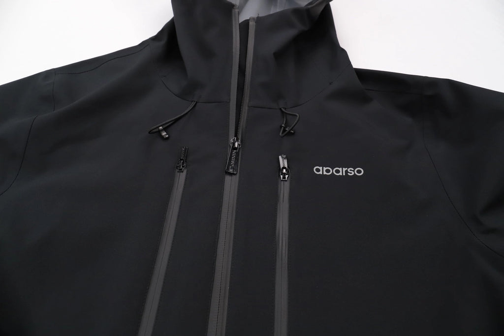 Black jacket with 'abaro' branding on a white background Aparso