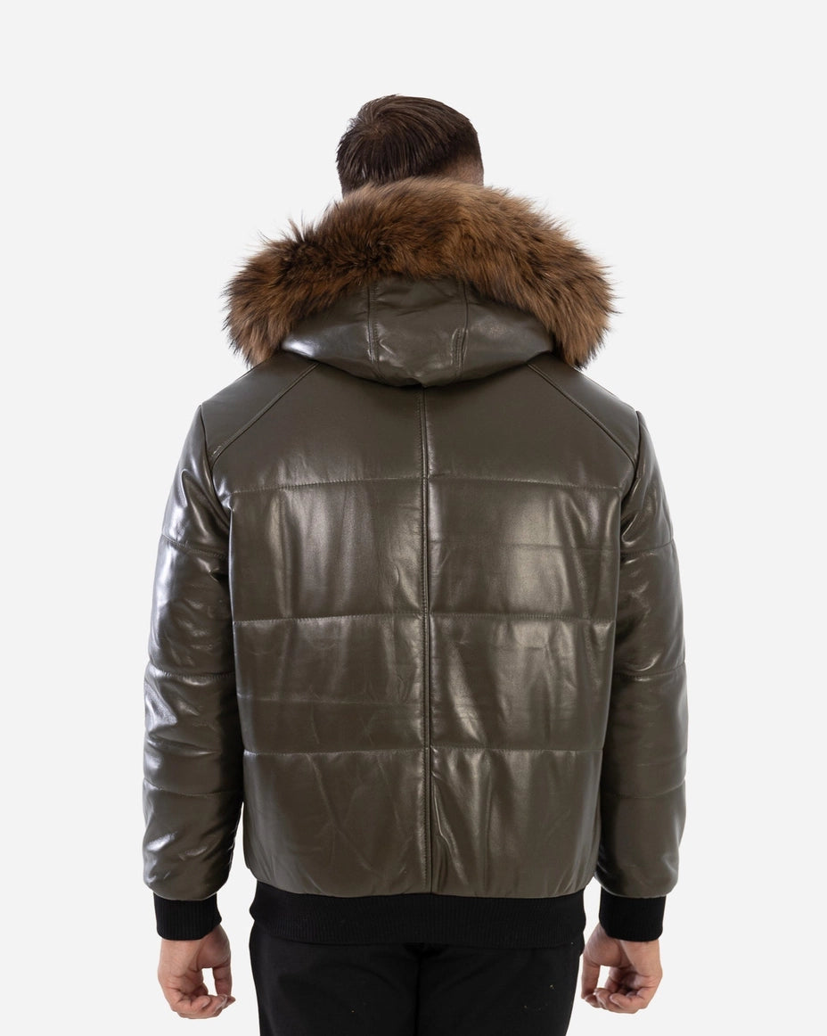 Brown leather jacket with fur hood on a white background Cuir Dimitri