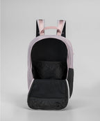 Backpack with black interior and pink exterior on a light gray background RYU