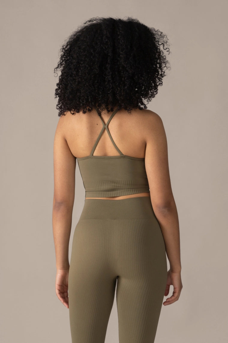 Olive activewear bra detail shot Rose Boreal Contour Seamless Bra
