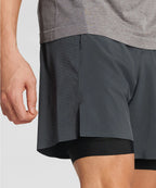Gray athletic shorts with a black waistband on a light gray background RYU