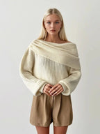 Draped off-the-shoulder cream knit sweater with O-ring detail – ANNICK