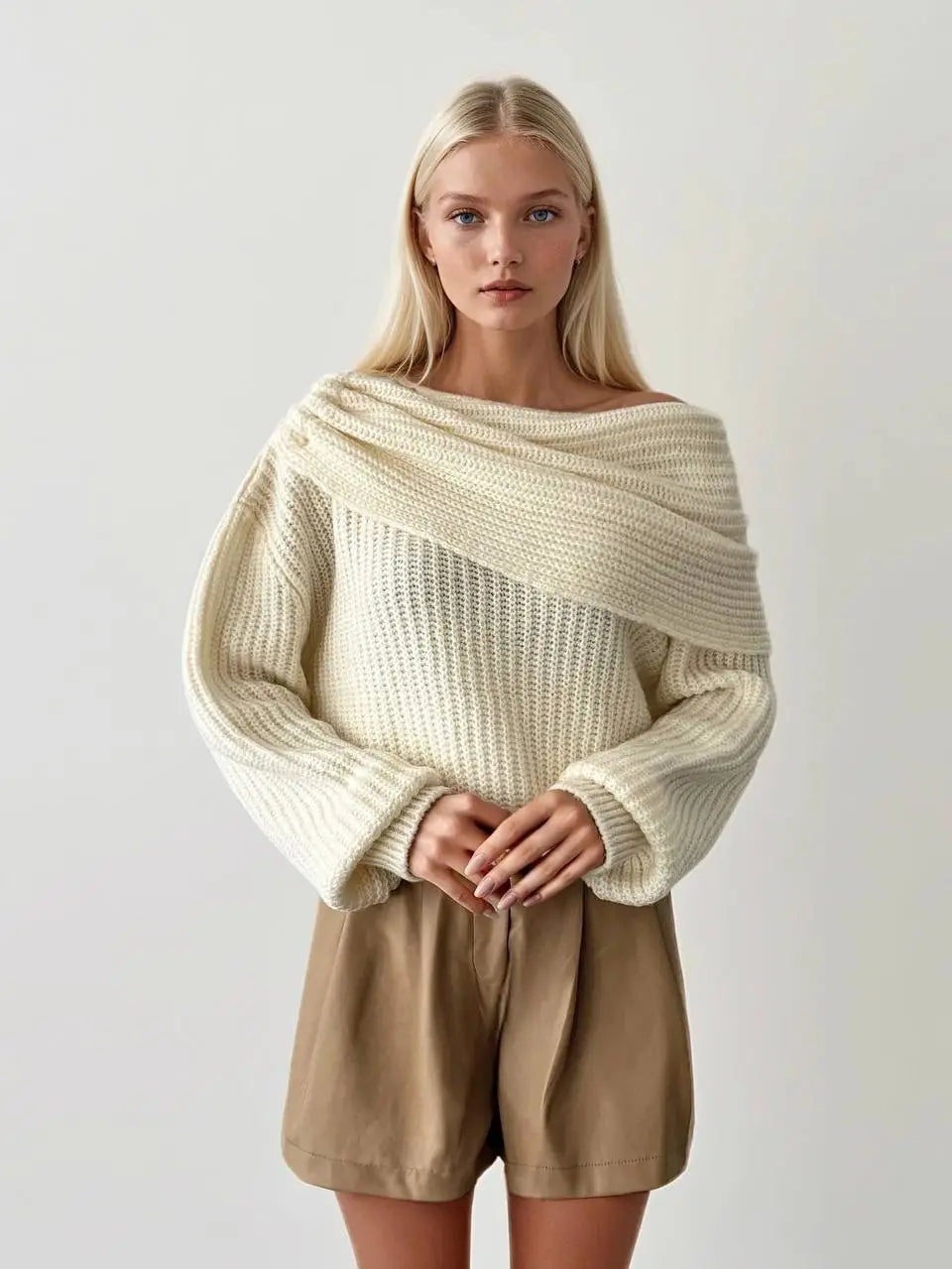 Draped off-the-shoulder cream knit sweater with O-ring detail – ANNICK
