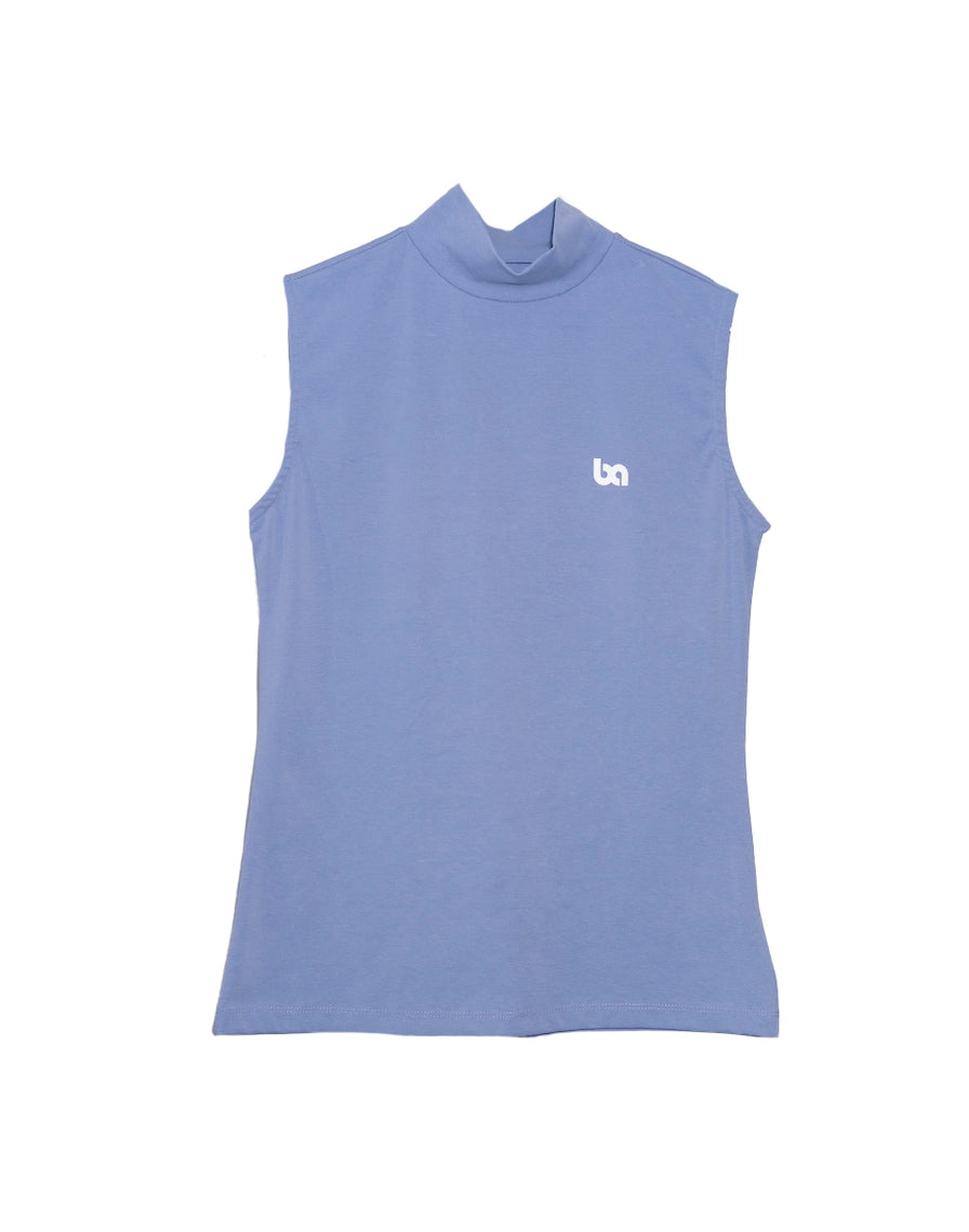 Blue sleeveless mock neck shirt with a logo on a white background