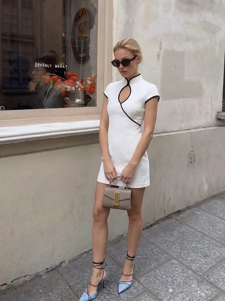 White mandarin collar keyhole mini dress with black contrast piping and cap sleeves street style - ANAZ Mandarin Collar Keyhole Mini Dress White