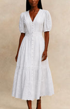 Full Length Front View Eyelet Embroidery Midi Dress ANNICK White
