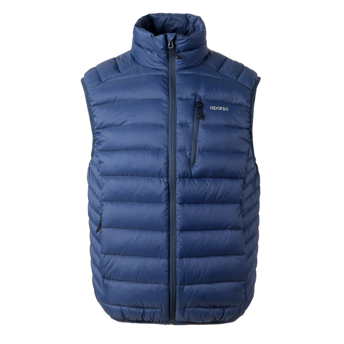 Blue puffer vest with a brand logo on a white background Aparso
