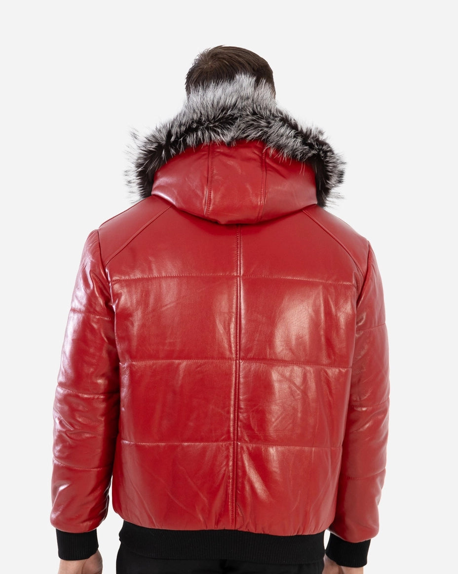 Red leather jacket with fur hood on a white background Cuir Dimitri