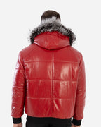 Red leather jacket with fur hood on a white background Cuir Dimitri