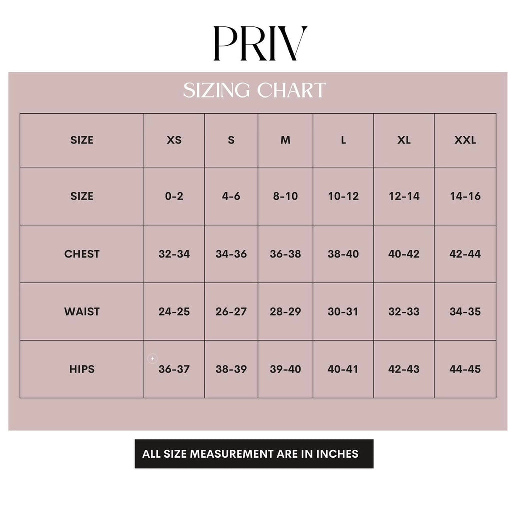PRIV sizing chart for clothing measurements on a pink background PRIV