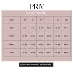 PRIV sizing chart for clothing measurements on a pink background