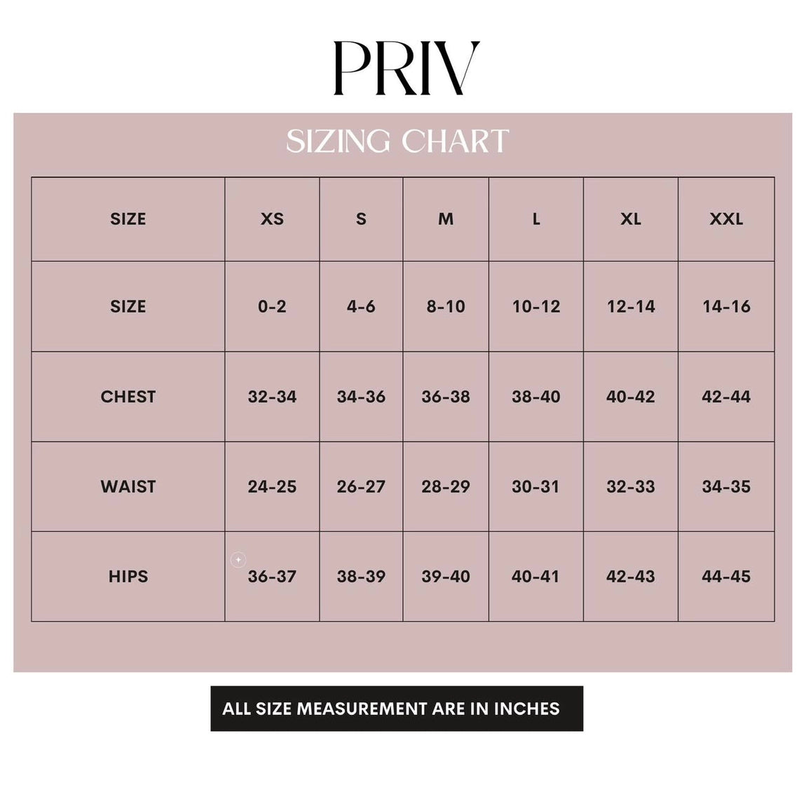 PRIV sizing chart for clothing measurements on a pink background