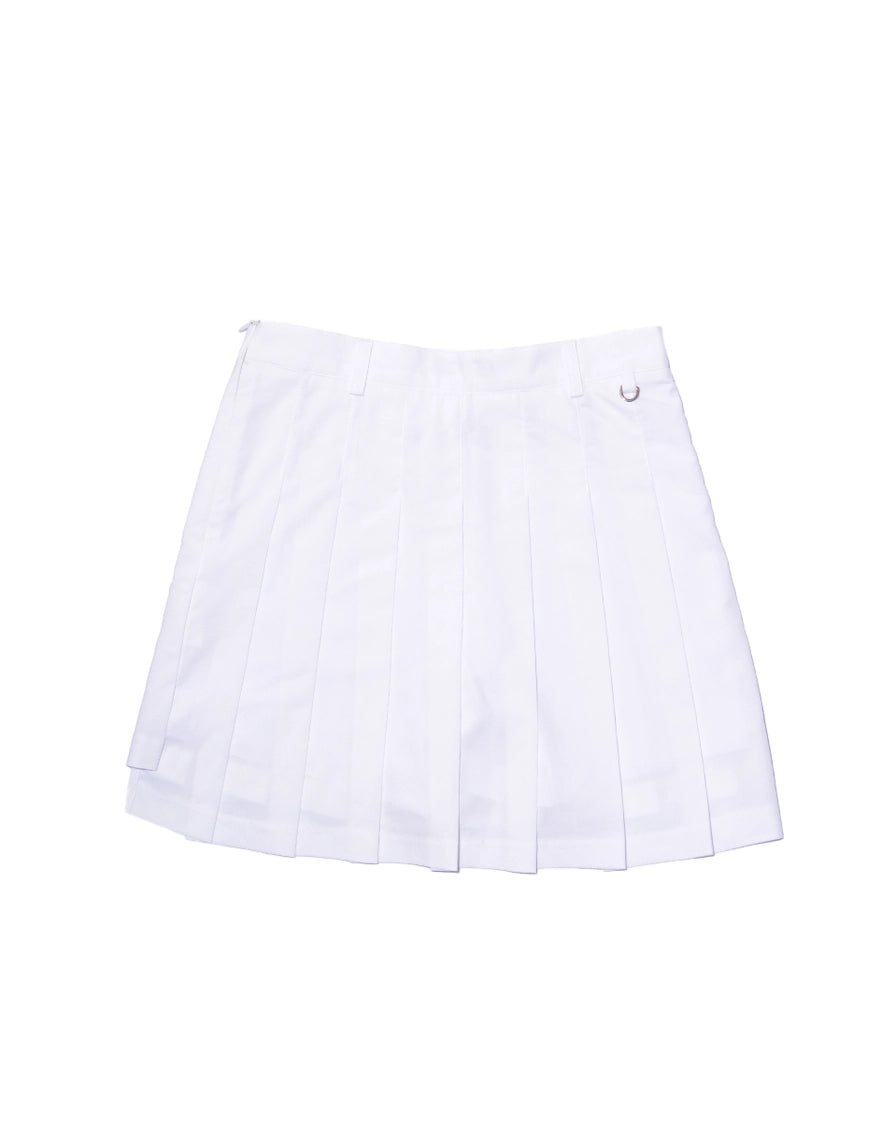 Front view of white BOV Active BA pleated skirt