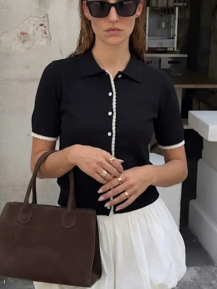 Black crochet trim knit polo cardigan with white lace cuffs and button front street style with brown bag - ANAZ Crochet-Trim Knit Polo Cardigan Black
