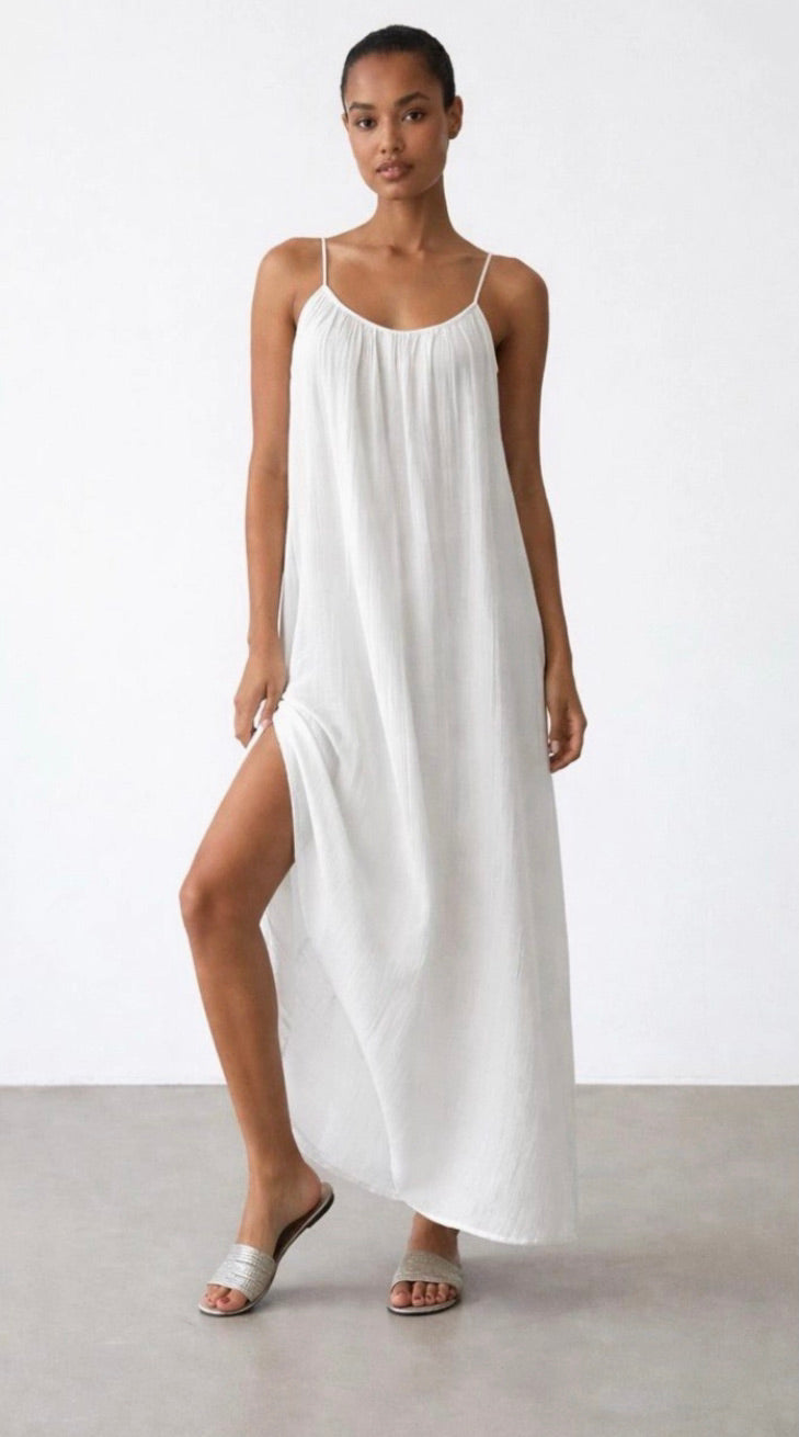 White muslin spaghetti strap maxi dress with side slit full front view - ANAZ Maxi Muslin Slip Camisole Summer Dress White