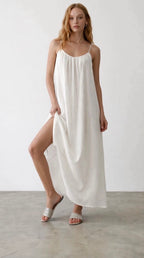 White muslin spaghetti strap maxi dress with side slit full front view - ANAZ Maxi Muslin Slip Camisole Summer Dress White