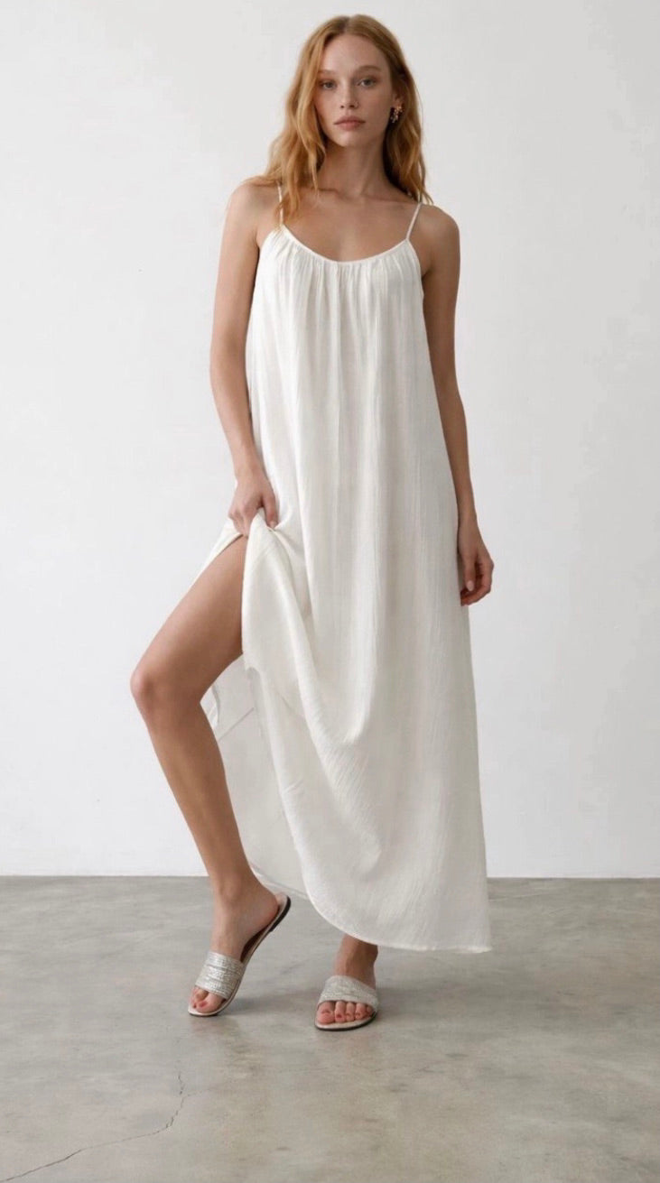 White muslin spaghetti strap maxi dress with side slit full front view - ANAZ Maxi Muslin Slip Camisole Summer Dress White