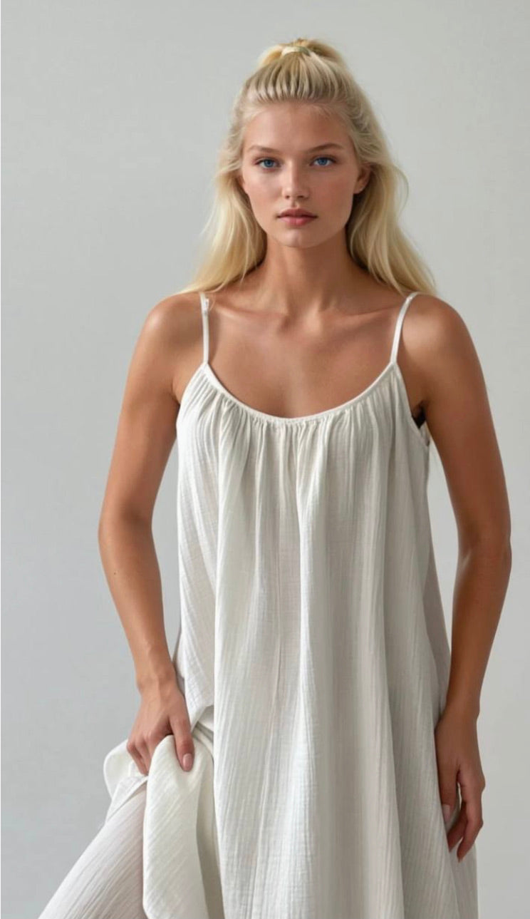 Close up White muslin spaghetti strap maxi dress with side slit full front view - ANAZ Maxi Muslin Slip Camisole Summer Dress White