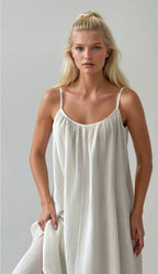 Close up White muslin spaghetti strap maxi dress with side slit full front view - ANAZ Maxi Muslin Slip Camisole Summer Dress White