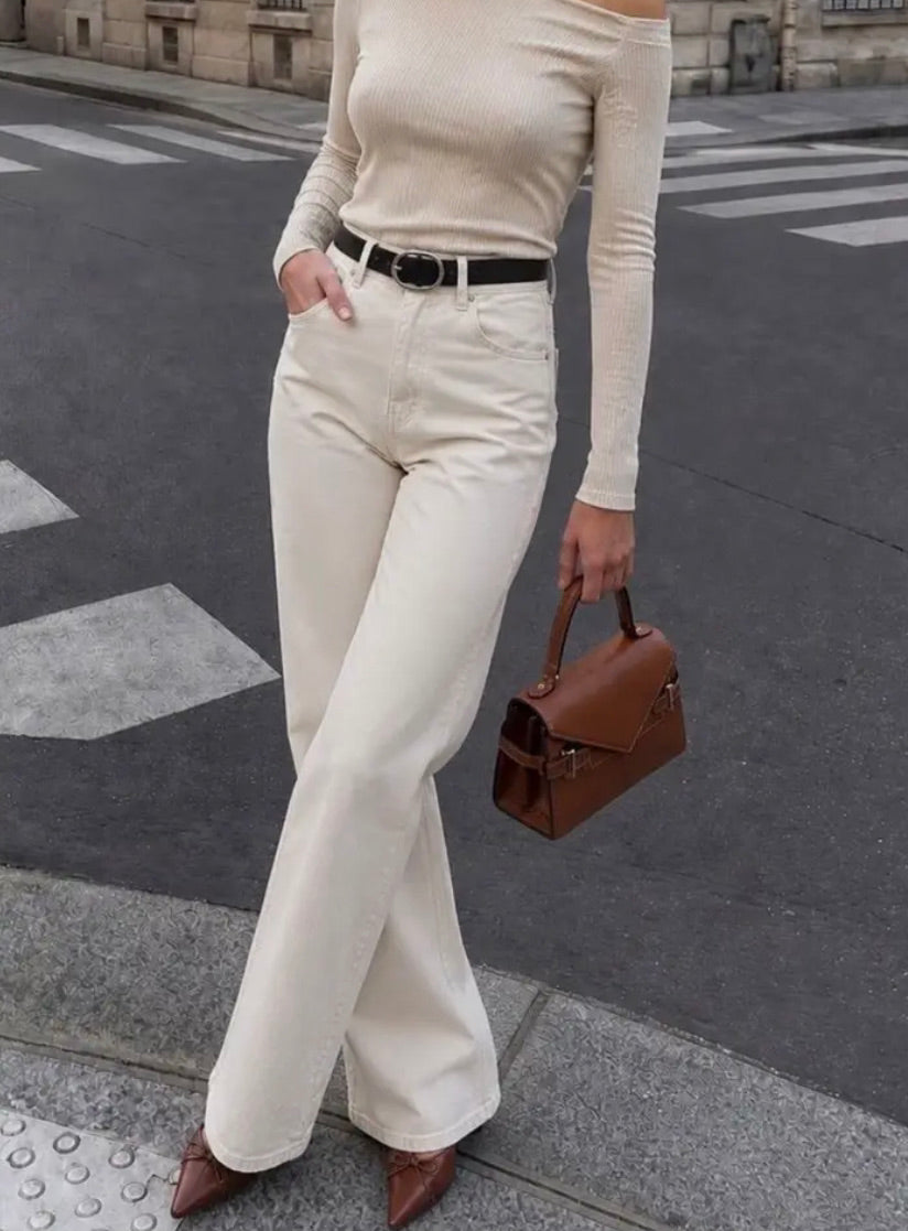 High-waisted ecru straight leg denim jeans with belt street style - ANAZ Ecru Denim Jeans Straight Leg

