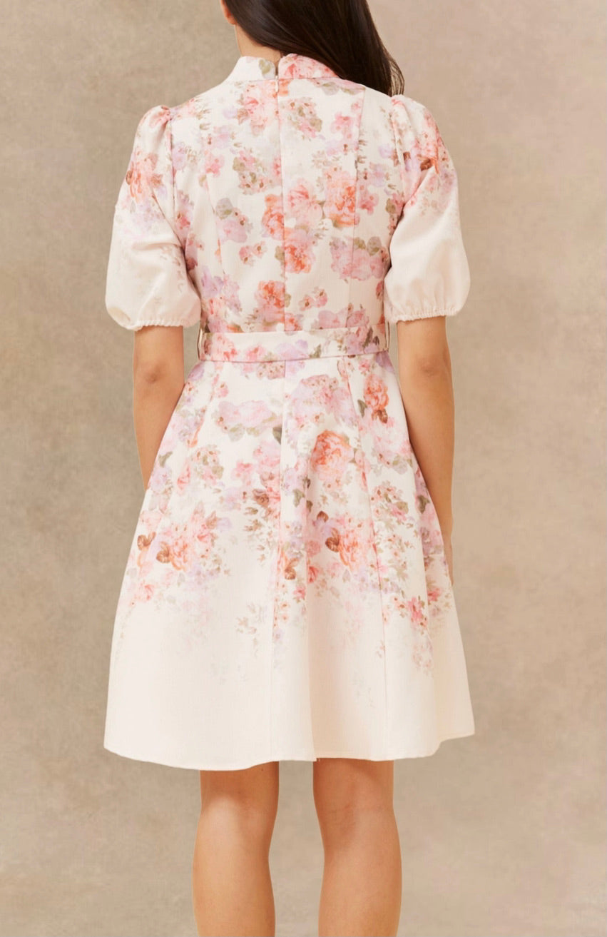 Back Sonia Off-White Floral Print Dress Bell Sleeves Self-Tie Belt front view model
