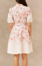 Back Sonia Off-White Floral Print Dress Bell Sleeves Self-Tie Belt front view model