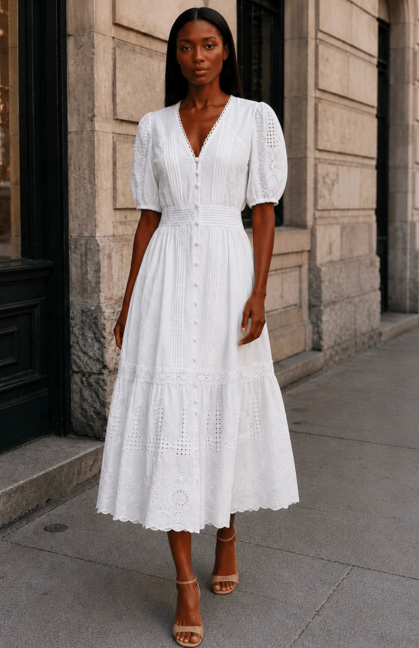 Full Length Front View Eyelet Embroidery Midi Dress ANNICK White
